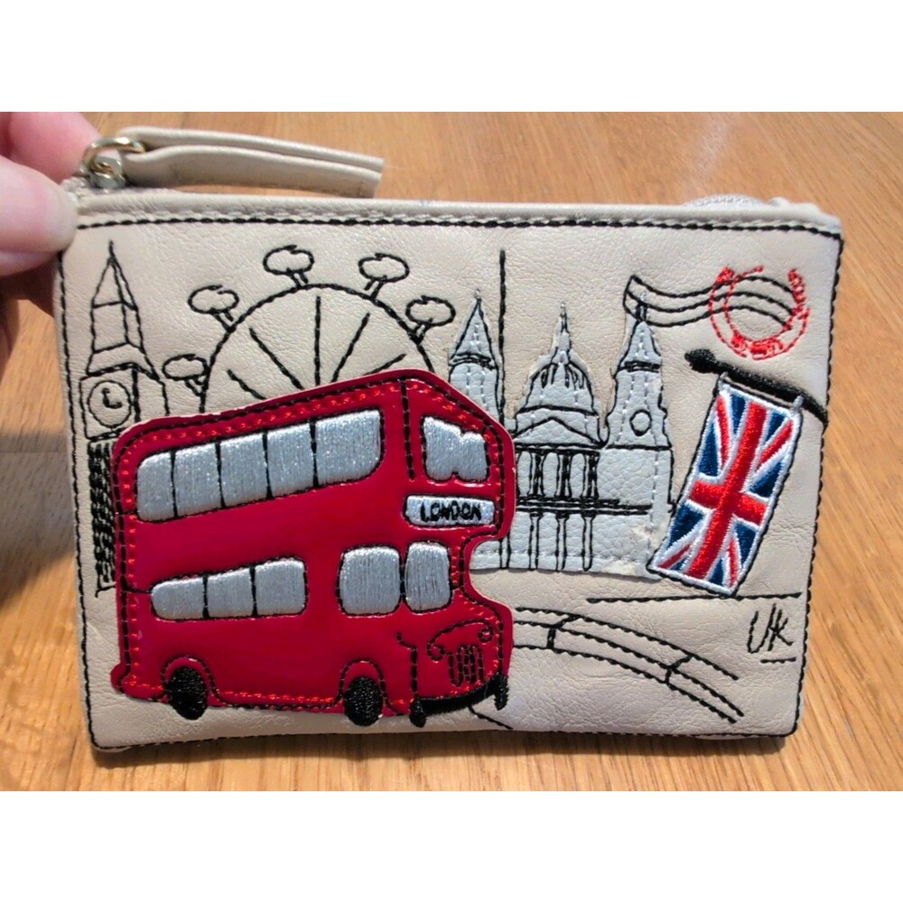 England UK Coin Purse Pouch Vegan Leather Embroidered - Bought In England